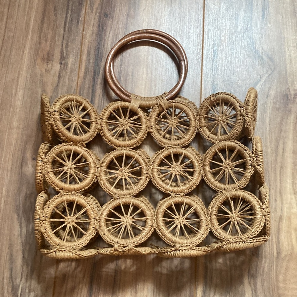 Straw Wheel Shaped Handbag with Bamboo Handles - Picture 4 of 16